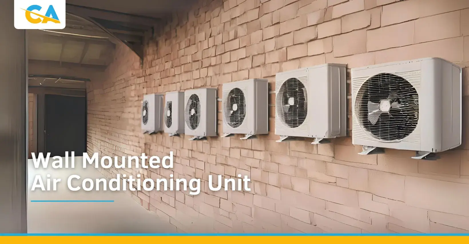 Wall-mounted air conditioning guide Row of outdoor air conditioning units mounted on a brick wall