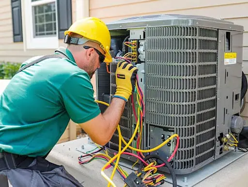 Air conditioning repairs in Bolton Engineer in a hard hat repairing an outdoor air conditioning unit