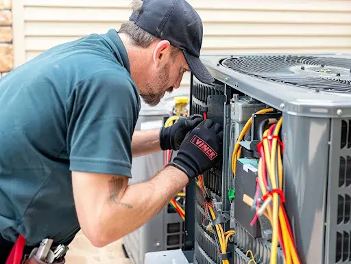 Air conditioning servicing in Manchester Engineer checking the wiring inside an outdoor air conditioning unit