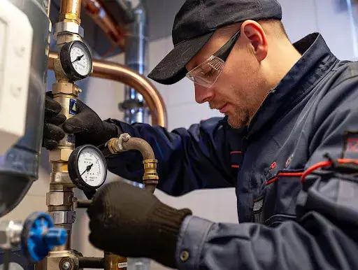 Boiler maintenance in Bolton Engineer checking pressure gauges on heating pipework