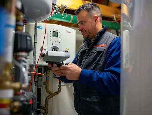 Boiler servicing in Manchester Engineer testing the controls of a commercial boiler