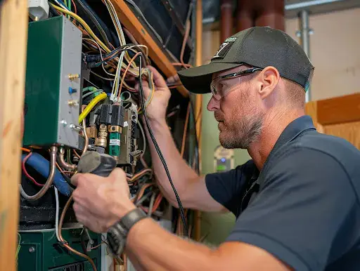 Engineer testing the electrical connections of a heat pump