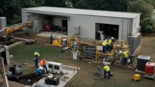 Commercial HVAC installation in Bolton Team installing HVAC plant outside a commercial building